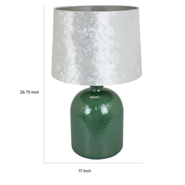 27 Inch Table Lamp, Drum Shade, Round Drop Shaped Glass Body, Green Finish