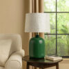 27 Inch Table Lamp, Drum Shade, Round Drop Shaped Glass Body, Green Finish
