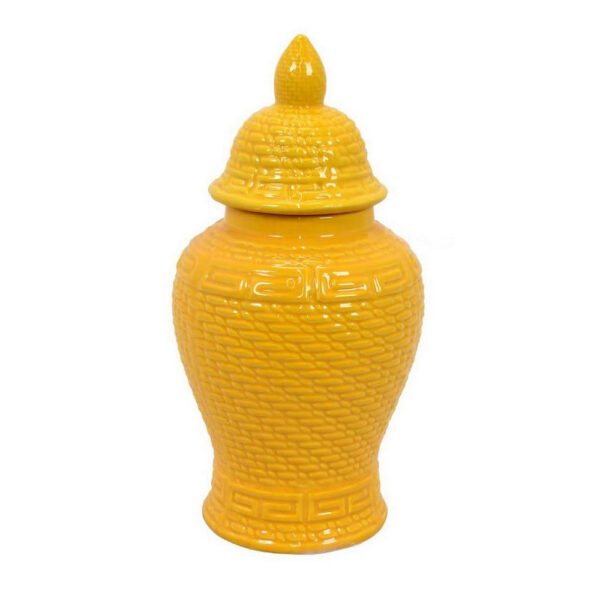 Bryan 13 Inch Ceramic Temple Jar, Geometric Print, Finial Top, Yellow