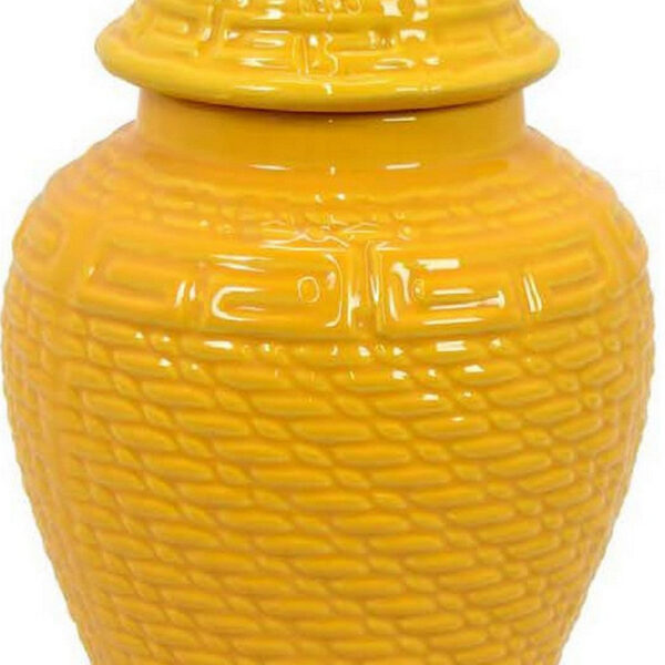 Bryan 13 Inch Ceramic Temple Jar, Geometric Print, Finial Top, Yellow
