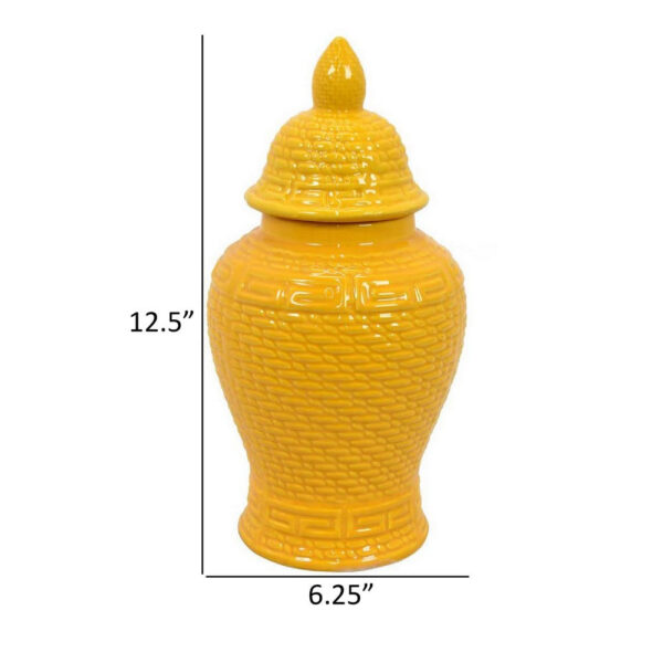 Bryan 13 Inch Ceramic Temple Jar, Geometric Print, Finial Top, Yellow