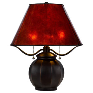 20 Inch Table Lamp, Vintage Red Amber Mica Shade, Upturned Arms, Round Body