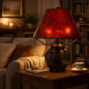 20 Inch Table Lamp, Vintage Red Amber Mica Shade, Upturned Arms, Round Body