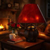 20 Inch Table Lamp, Vintage Red Amber Mica Shade, Upturned Arms, Round Body