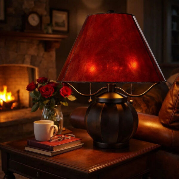 20 Inch Table Lamp, Vintage Red Amber Mica Shade, Upturned Arms, Round Body