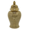 Deni 19 Inch Temple Jar, Small Carved Cut Out Lattice, Lid, Gold Ceramic