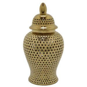 Deni 19 Inch Temple Jar, Small Carved Cut Out Lattice, Lid, Gold Ceramic