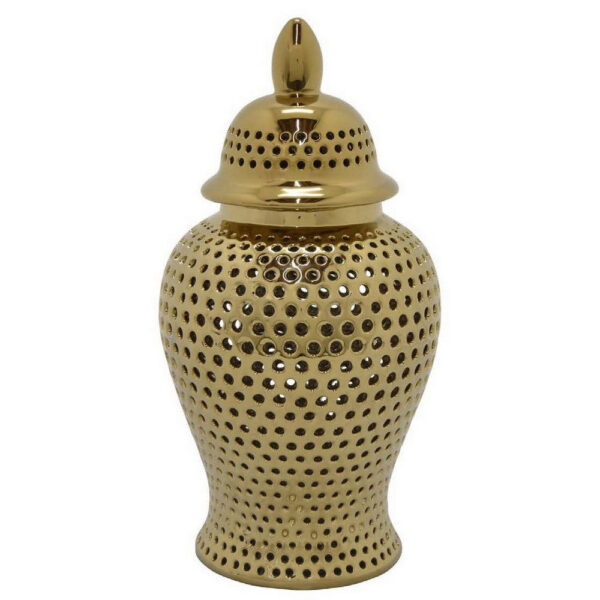 Deni 19 Inch Temple Jar, Small Carved Cut Out Lattice, Lid, Gold Ceramic