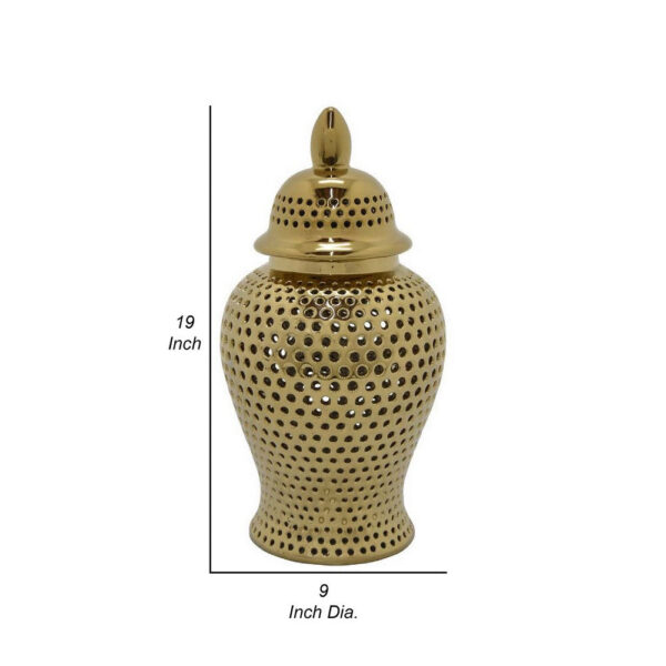 Deni 19 Inch Temple Jar, Small Carved Cut Out Lattice, Lid, Gold Ceramic