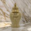 Deni 19 Inch Temple Jar, Small Carved Cut Out Lattice, Lid, Gold Ceramic
