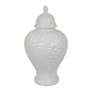 Deni 18 Inch Temple Jar, Embossed Design, Removable Lid, White Finish
