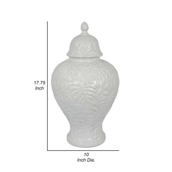 Deni 18 Inch Temple Jar, Embossed Design, Removable Lid, White Finish