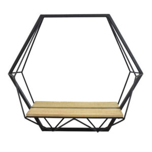 24 Inch Wall Mirror with Shelf, Hexagon Shaped, Metal, Black Finish