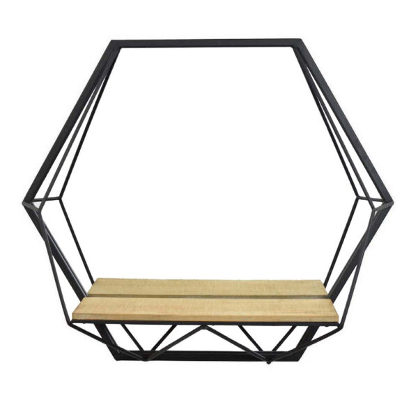 24 Inch Wall Mirror with Shelf, Hexagon Shaped, Metal, Black Finish