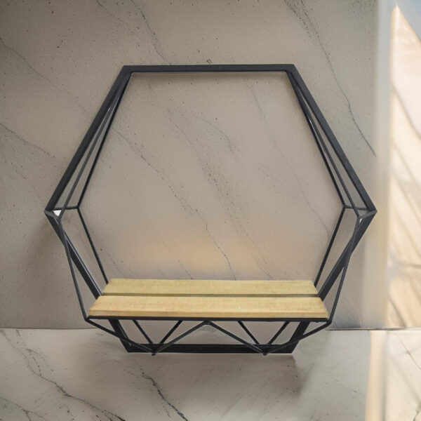 24 Inch Wall Mirror with Shelf, Hexagon Shaped, Metal, Black Finish