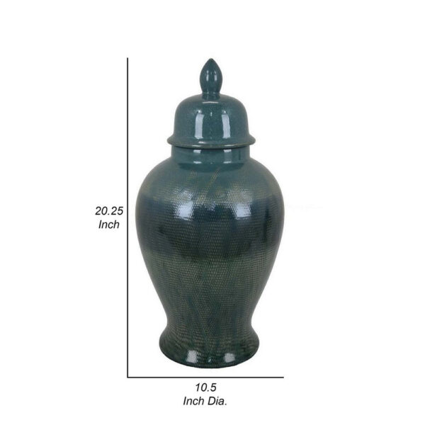 Caty 20 Inch Temple Jar, Finial Dome Lids, Classic, Ceramic, Green Finish