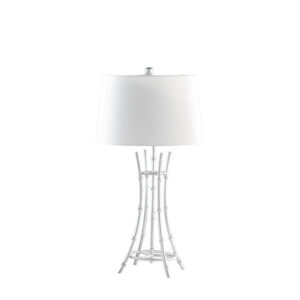 Lisi 29 Inch Table Lamp, White Shade, Silver Mettalic Bamboo Style Base