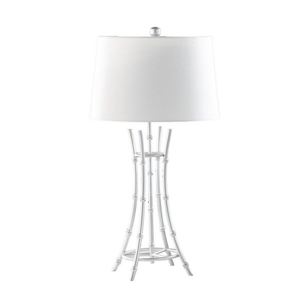 Lisi 29 Inch Table Lamp, White Shade, Silver Mettalic Bamboo Style Base
