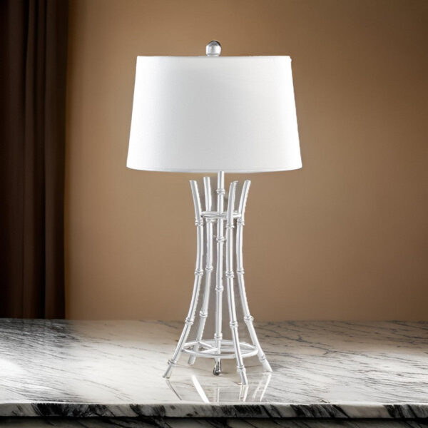 Lisi 29 Inch Table Lamp, White Shade, Silver Mettalic Bamboo Style Base