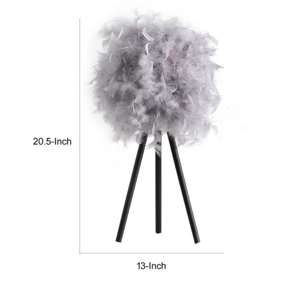 Rio 21 Inch Accent Table Lamp, Gray Feather Shade, Black Metal Tripod Base