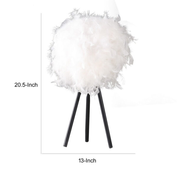 Rio 21 Inch Accent Table Lamp, White Feather Shade, Black Metal Tripod Base