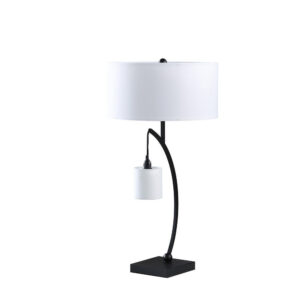 Jiya 29 Inch Arc Table Lamp, Hanging Design, 2 White Drum Shades, Black