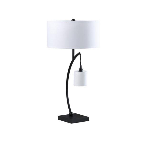 Jiya 29 Inch Arc Table Lamp, Hanging Design, 2 White Drum Shades, Black