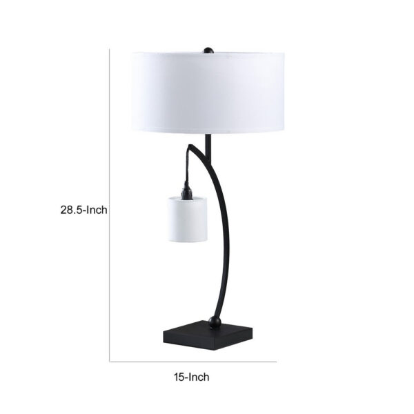 Jiya 29 Inch Arc Table Lamp, Hanging Design, 2 White Drum Shades, Black