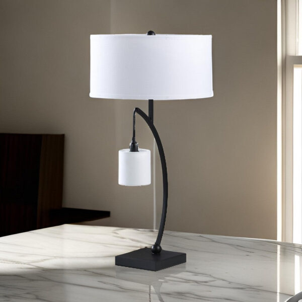 Jiya 29 Inch Arc Table Lamp, Hanging Design, 2 White Drum Shades, Black