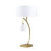 Jiya 29 Inch Arc Table Lamp, Hanging Design, 2 White Drum Shades, Gold