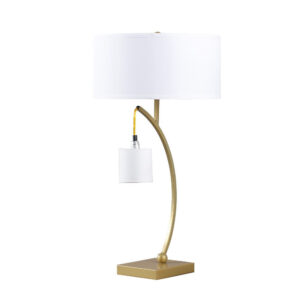 Jiya 29 Inch Arc Table Lamp, Hanging Design, 2 White Drum Shades, Gold
