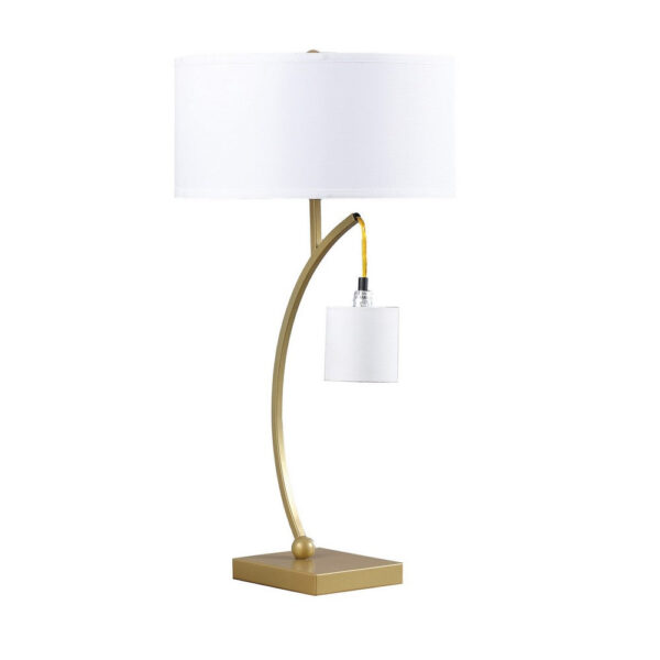 Jiya 29 Inch Arc Table Lamp, Hanging Design, 2 White Drum Shades, Gold
