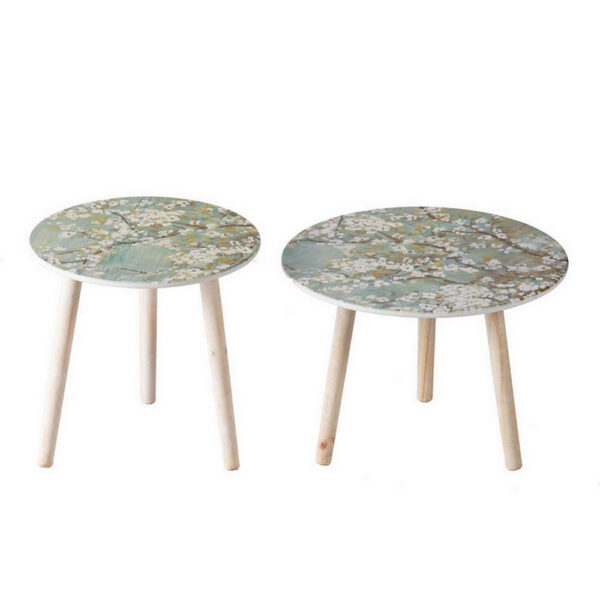 Byle 16, 20 Inch Side Table Set of 2, Floral Design, Cherry Blossom, Blue