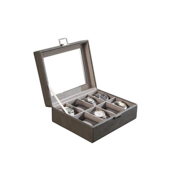 9 Inch Watch Case with 8 Spaces, Gray Faux Leather, Lined, Glass Lid, Black