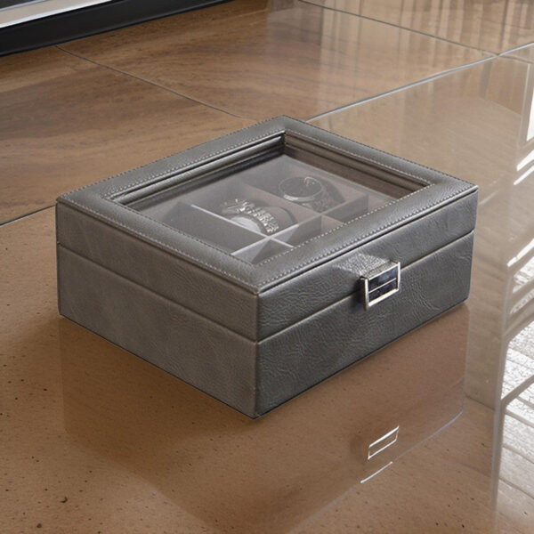 9 Inch Watch Case with 8 Spaces, Gray Faux Leather, Lined, Glass Lid, Black