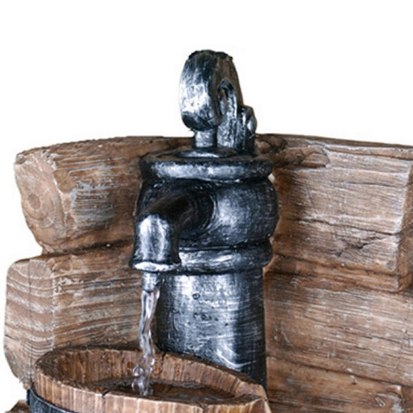 Tay 12 Inch Tabletop Water Fountain, Barrels, LED, Pebble Stones, Brown