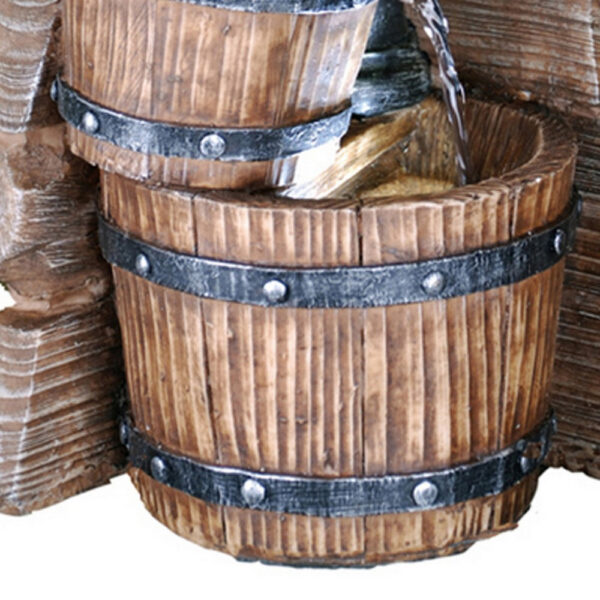 Tay 12 Inch Tabletop Water Fountain, Barrels, LED, Pebble Stones, Brown