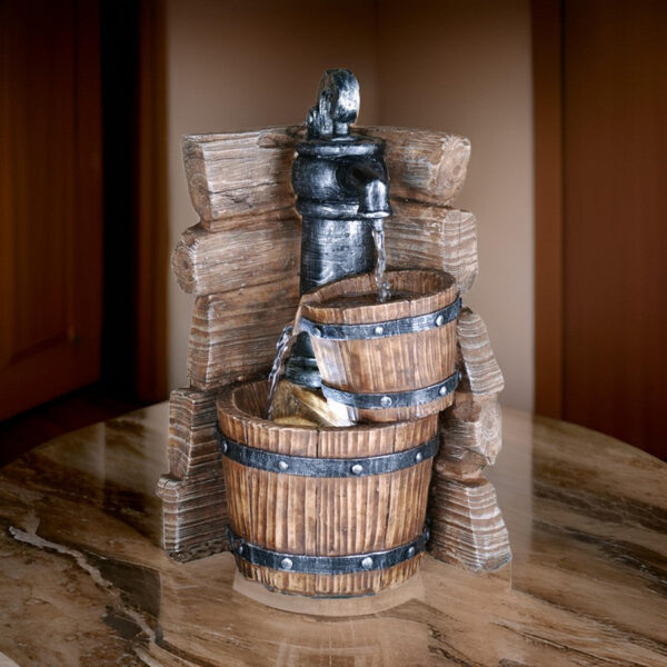 Tay 12 Inch Tabletop Water Fountain, Barrels, LED, Pebble Stones, Brown