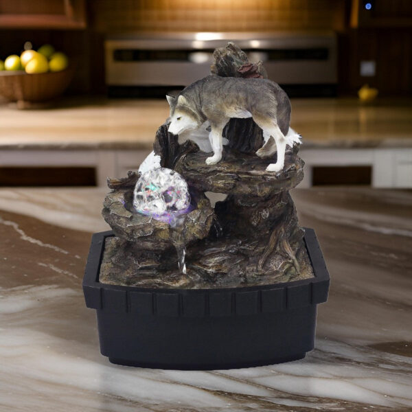 Eci 10 Inch Wolf Tabletop Water Fountain, LED Lights, Painted Gray Finish