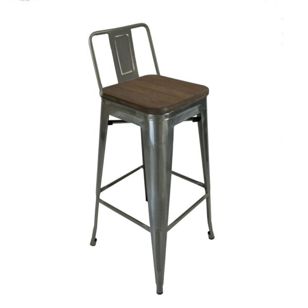 Trace 30 Inch Barstool Chair, Set of 4, Low Back, Wood Seat, Light Gray Metal