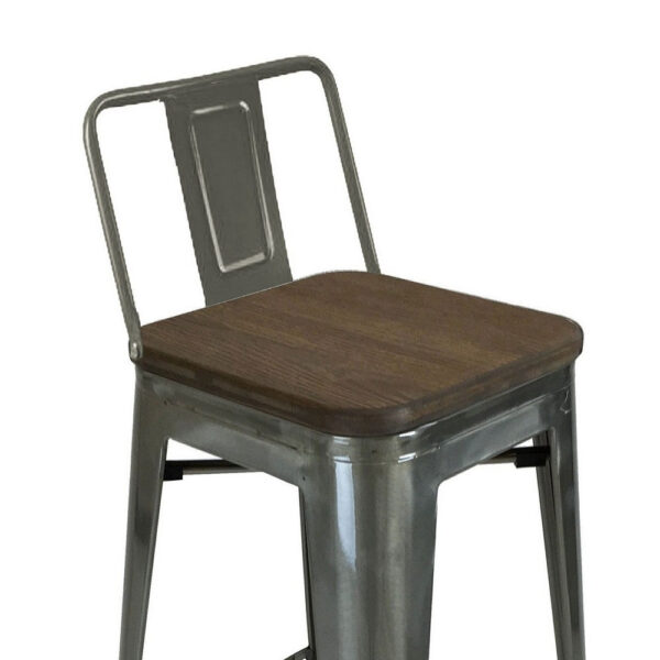 Trace 30 Inch Barstool Chair, Set of 4, Low Back, Wood Seat, Light Gray Metal
