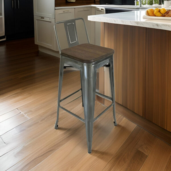 Trace 30 Inch Barstool Chair, Set of 4, Low Back, Wood Seat, Light Gray Metal