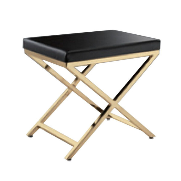 Myra 21 Inch Accent Stool, Gray Faux Leather, Gold Finished Cross Legs