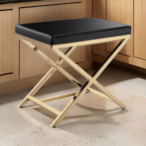 Myra 21 Inch Accent Stool, Gray Faux Leather, Gold Finished Cross Legs