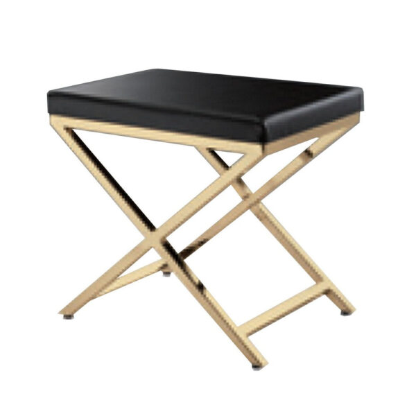 Myra 21 Inch Accent Stool, Black Faux Leather, Gold Finished Cross Legs