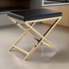 Myra 21 Inch Accent Stool, Black Faux Leather, Gold Finished Cross Legs