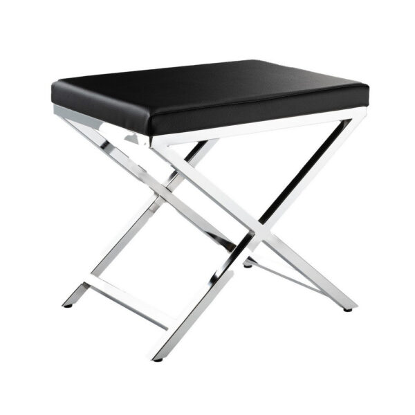 Myra 21 Inch Accent Stool, Black Faux Leather, Chrome Finished Cross Legs