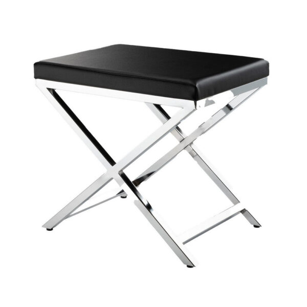 Myra 21 Inch Accent Stool, Black Faux Leather, Chrome Finished Cross Legs