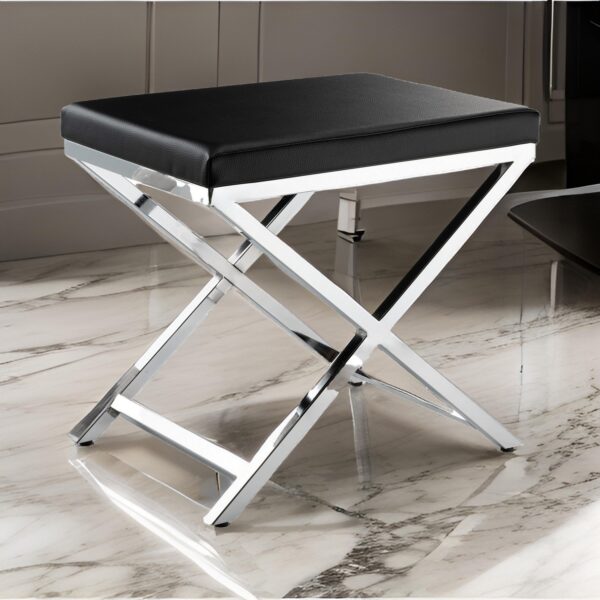 Myra 21 Inch Accent Stool, Black Faux Leather, Chrome Finished Cross Legs