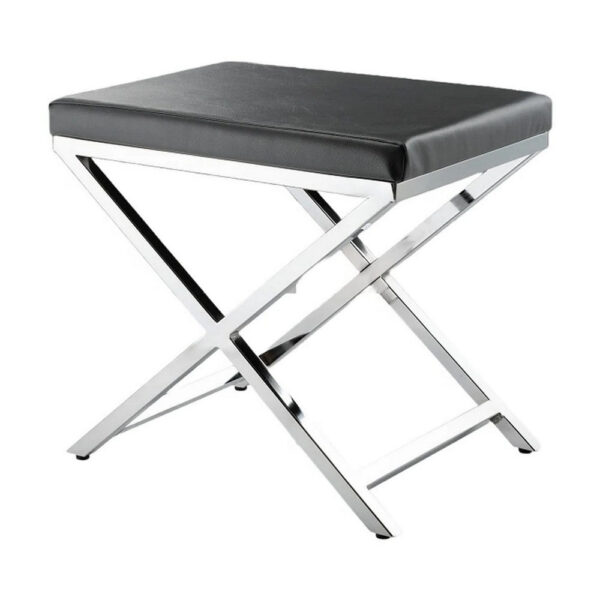 Myra 21 Inch Accent Stool, Gray Faux Leather Seat, Chrome Crossed Legs